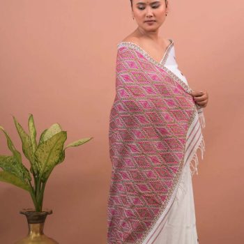 COTTON WHITE HANDWOVEN SAREE PINK AND GOLDEN BORDER